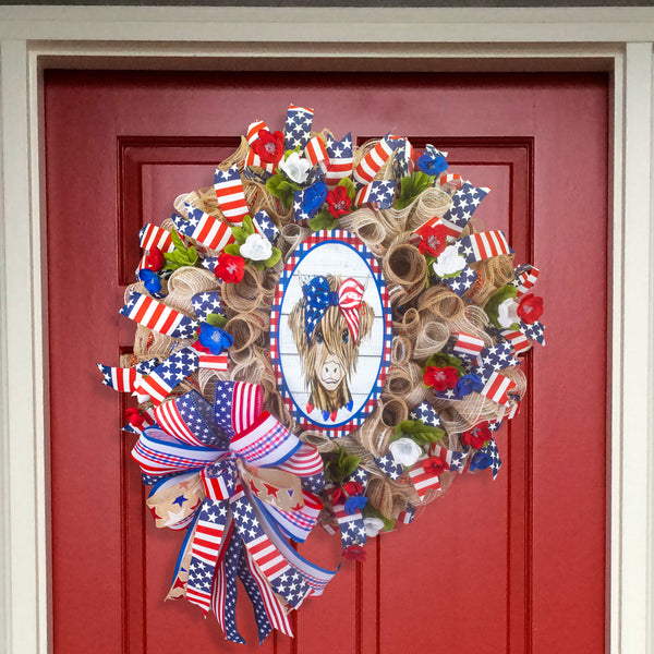Farmhouse wreath, patriotic wreath, everyday wreath, cow, floral wreath, front door wreath, door hanger 26"   W30510A