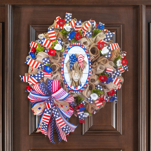 Farmhouse wreath, patriotic wreath, everyday wreath, cow, floral wreath, front door wreath, door hanger 26"   W30510A