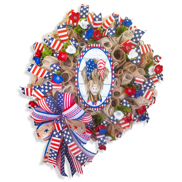 Farmhouse wreath, patriotic wreath, everyday wreath, cow, floral wreath, front door wreath, door hanger 26"   W30510A