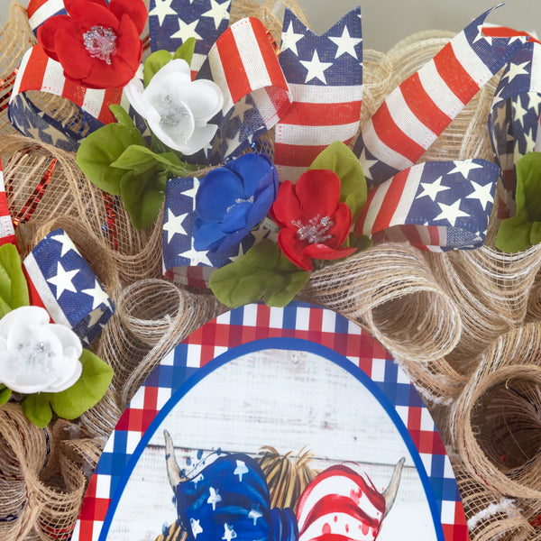 Farmhouse wreath, patriotic wreath, everyday wreath, cow, floral wreath, front door wreath, door hanger 26"   W30510A