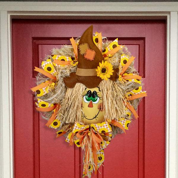 Happy Scarecrow wreath, Autumn, Fall, farmhouse, 26" diameter, everyday, door hanger, W30722A