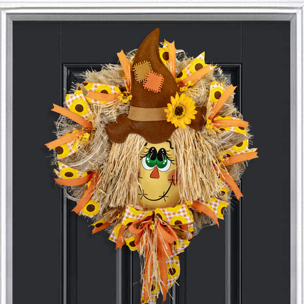 Happy Scarecrow wreath, Autumn, Fall, farmhouse, 26" diameter, everyday, door hanger, W30722A