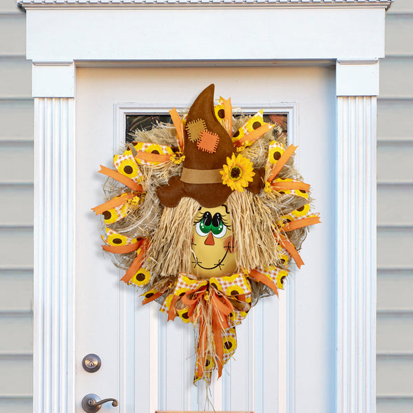 Happy Scarecrow wreath, Autumn, Fall, farmhouse, 26" diameter, everyday, door hanger, W30722A