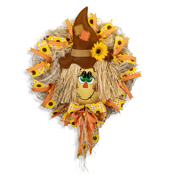 Happy Scarecrow wreath, Autumn, Fall, farmhouse, 26" diameter, everyday, door hanger, W30722A
