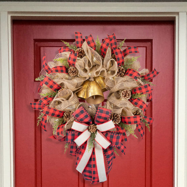 Christmas wreath, BELLS! 24in full bodied remote control lighted with real bells, premium buffalo plaid ribbon, real pinecones. W31015A