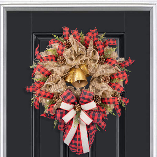 Christmas wreath, BELLS! 24in full bodied remote control lighted with real bells, premium buffalo plaid ribbon, real pinecones. W31015A