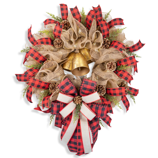 Christmas wreath, BELLS! 24in full bodied remote control lighted with real bells, premium buffalo plaid ribbon, real pinecones. W31015A