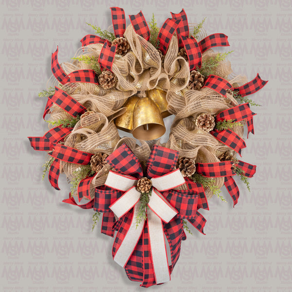 Christmas wreath, BELLS! 24in full bodied remote control lighted with real bells, premium buffalo plaid ribbon, real pinecones. W31015A
