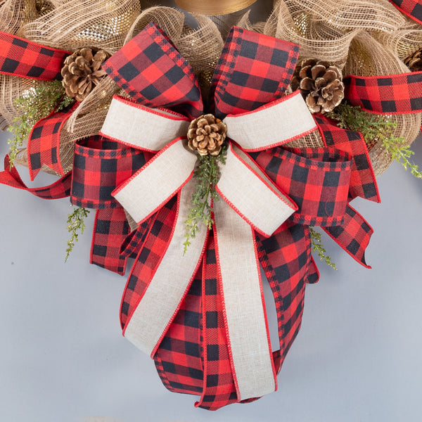 Christmas wreath, BELLS! 24in full bodied remote control lighted with real bells, premium buffalo plaid ribbon, real pinecones. W31015A