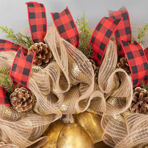 Christmas wreath, BELLS! 24in full bodied remote control lighted with real bells, premium buffalo plaid ribbon, real pinecones. W31015A