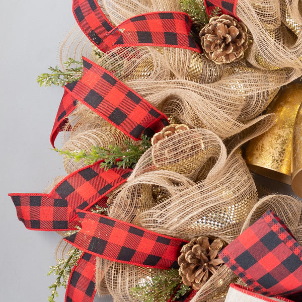 Christmas wreath, BELLS! 24in full bodied remote control lighted with real bells, premium buffalo plaid ribbon, real pinecones. W31015A