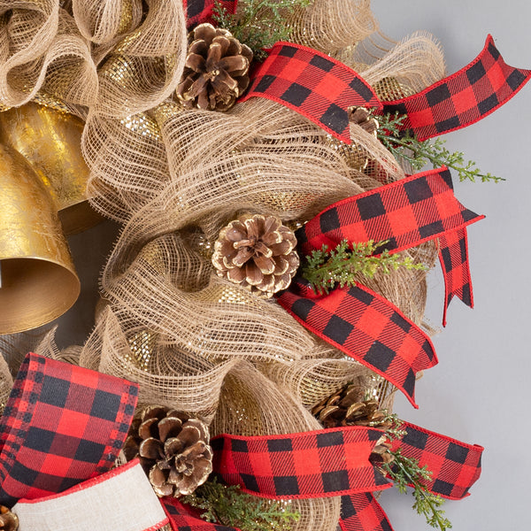 Christmas wreath, BELLS! 24in full bodied remote control lighted with real bells, premium buffalo plaid ribbon, real pinecones. W31015A