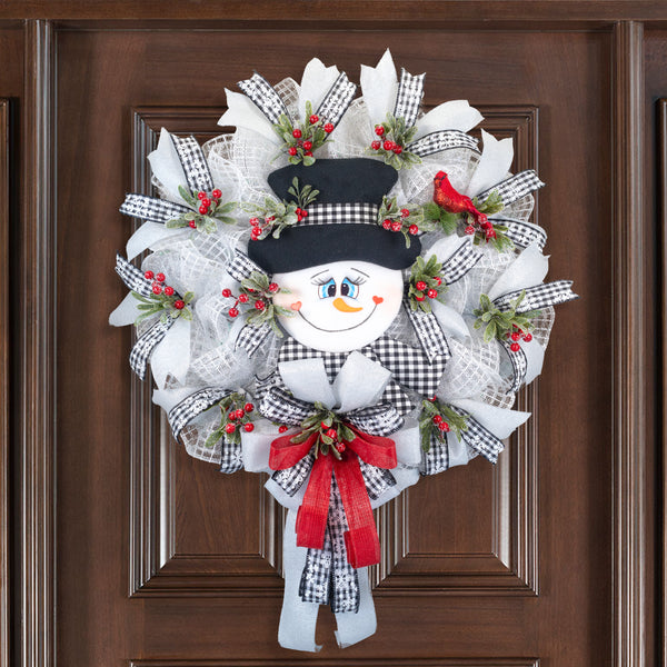 Snowman wreath, Christmas wreath, winter wreath, lighted wreath, front door wreath, holiday wreath, door hanger, large 27". W31119A