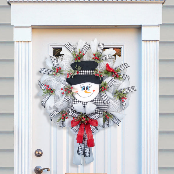 Snowman wreath, Christmas wreath, winter wreath, lighted wreath, front door wreath, holiday wreath, door hanger, large 27". W31119A
