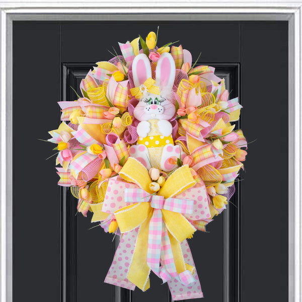 Easter wreath, bunny wreath, Spring wreath, floral wreath, front door wreath, door hanger, Tulips, 26". W40215A