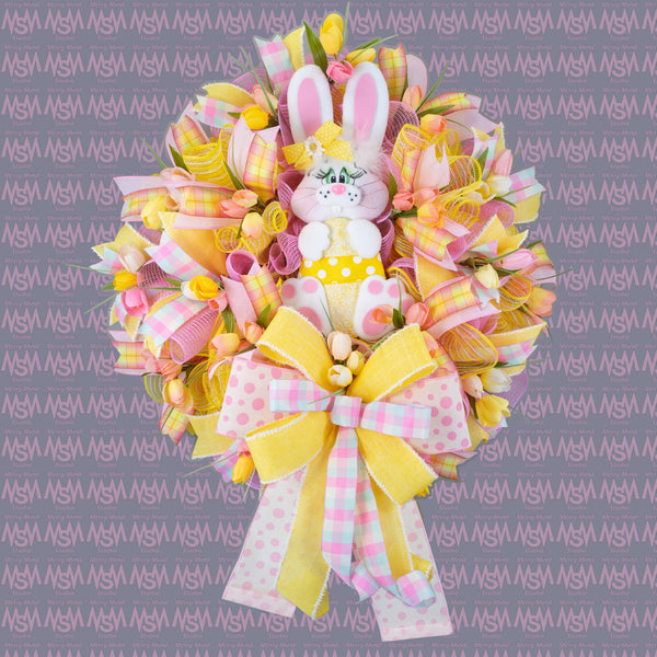 Easter wreath, bunny wreath, Spring wreath, floral wreath, front door wreath, door hanger, Tulips, 26". W40215A
