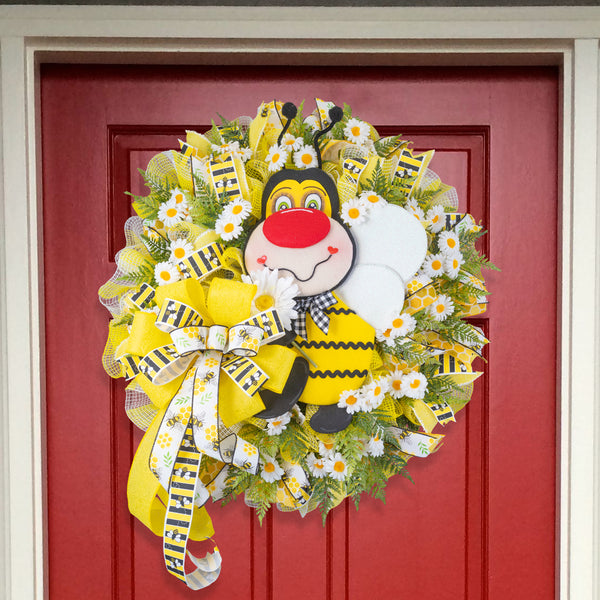 Bee wreath, Plush Bee, Spring-Summer, flowers, everyday, door hanger, front door, gift, door, W40307A