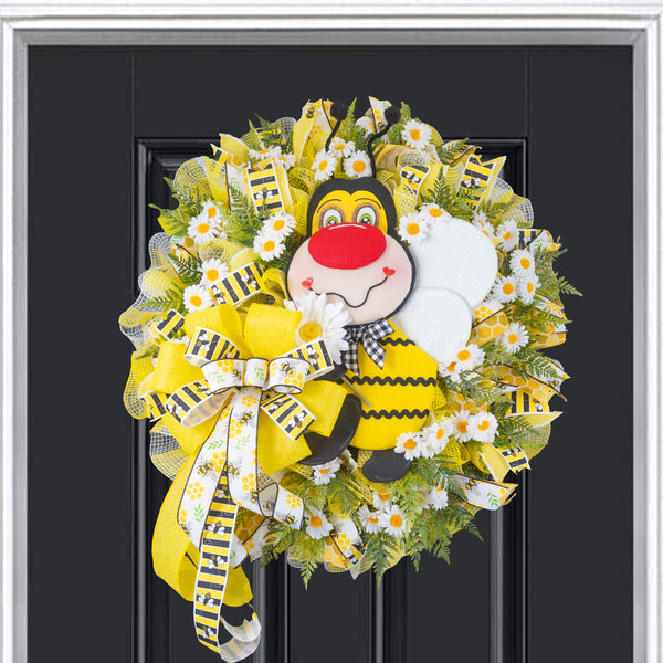 Bee wreath, Plush Bee, Spring-Summer, flowers, everyday, door hanger, front door, gift, door, W40307A