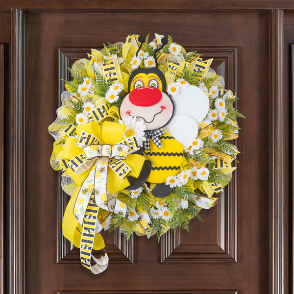 Bee wreath, Plush Bee, Spring-Summer, flowers, everyday, door hanger, front door, gift, door, W40307A