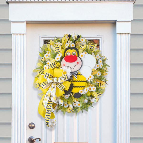 Bee wreath, Plush Bee, Spring-Summer, flowers, everyday, door hanger, front door, gift, door, W40307A