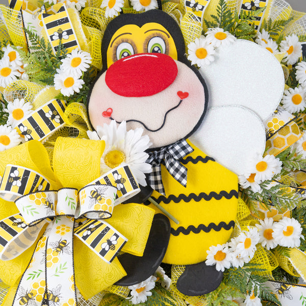 Bee wreath, Plush Bee, Spring-Summer, flowers, everyday, door hanger, front door, gift, door, W40307A