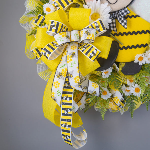 Bee wreath, Plush Bee, Spring-Summer, flowers, everyday, door hanger, front door, gift, door, W40307A