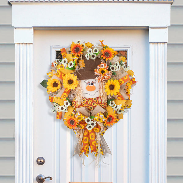 Scarecrow Whimsical Happy wreath for autumn or everyday use, 25" diameter, 8" deep, door hanger. W40614A