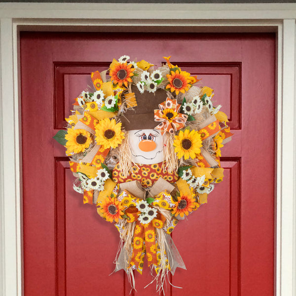 Scarecrow Whimsical Happy wreath for autumn or everyday use, 25" diameter, 8" deep, door hanger. W40614A
