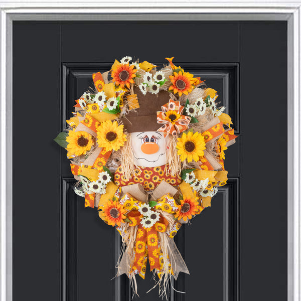 Scarecrow Whimsical Happy wreath for autumn or everyday use, 25" diameter, 8" deep, door hanger. W40614A