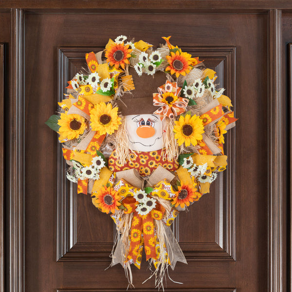 Scarecrow Whimsical Happy wreath for autumn or everyday use, 25" diameter, 8" deep, door hanger. W40614A
