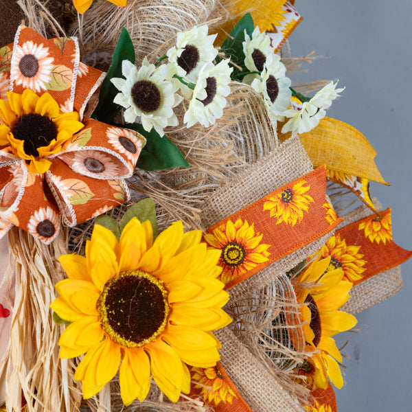 Scarecrow Whimsical Happy wreath for autumn or everyday use, 25" diameter, 8" deep, door hanger. W40614A