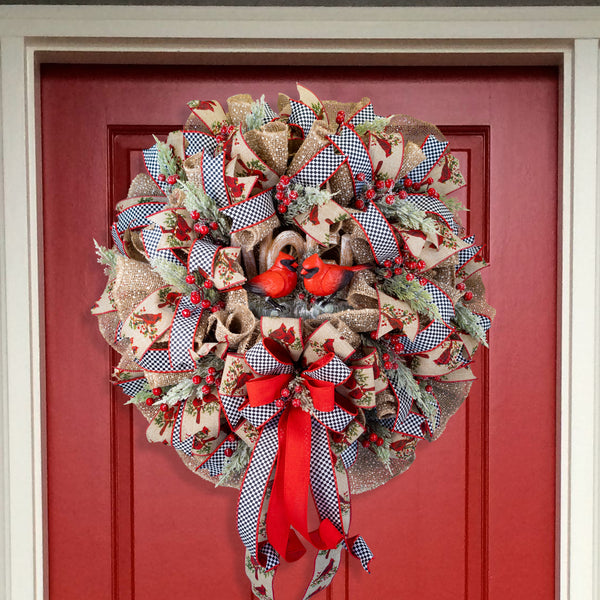 Cardinal wreath, Christmas, Winter, singing cardinals, lighted, whimsical, NOEL, door hanger, front door decor, elegant, large 27"W41110A