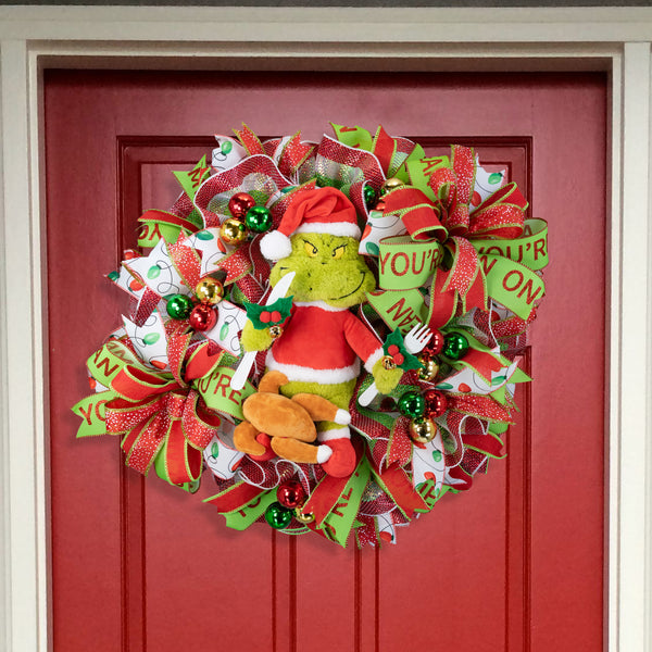 Christmas wreath, Grinch wreath, talking, lighted, whimsical, remote control, door, hanger, gift, 26" diameter, 10" depth. W41215A