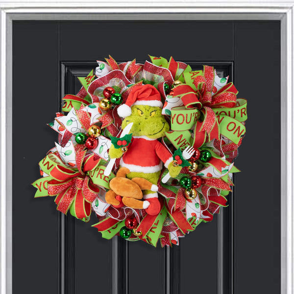 Christmas wreath, Grinch wreath, talking, lighted, whimsical, remote control, door, hanger, gift, 26" diameter, 10" depth. W41215A