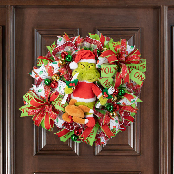 Christmas wreath, Grinch wreath, talking, lighted, whimsical, remote control, door, hanger, gift, 26" diameter, 10" depth. W41215A