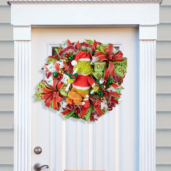 Christmas wreath, Grinch wreath, talking, lighted, whimsical, remote control, door, hanger, gift, 26" diameter, 10" depth. W41215A