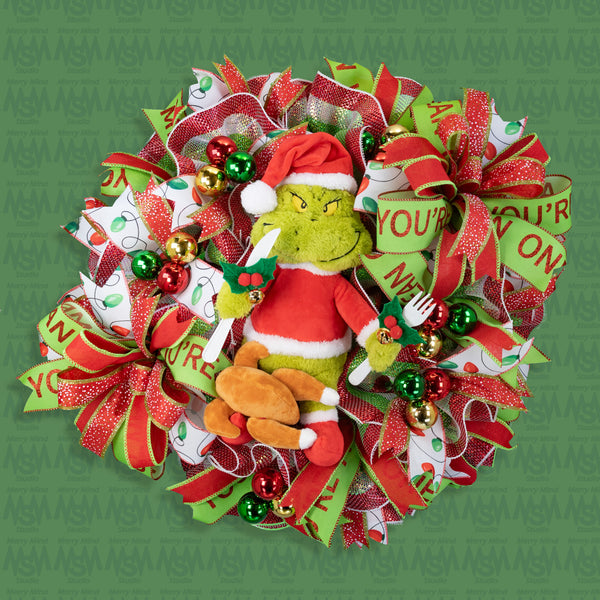 Christmas wreath, Grinch wreath, talking, lighted, whimsical, remote control, door, hanger, gift, 26" diameter, 10" depth. W41215A
