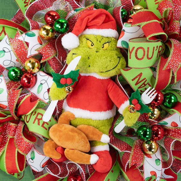 Christmas wreath, Grinch wreath, talking, lighted, whimsical, remote control, door, hanger, gift, 26" diameter, 10" depth. W41215A