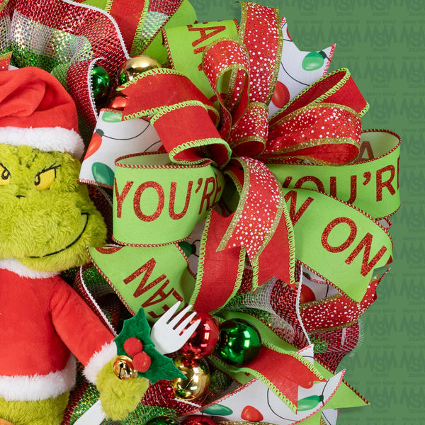 Christmas wreath, Grinch wreath, talking, lighted, whimsical, remote control, door, hanger, gift, 26" diameter, 10" depth. W41215A