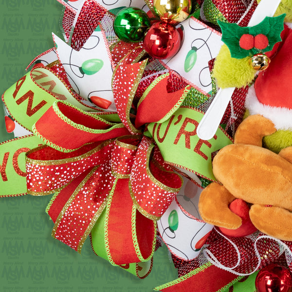 Christmas wreath, Grinch wreath, talking, lighted, whimsical, remote control, door, hanger, gift, 26" diameter, 10" depth. W41215A