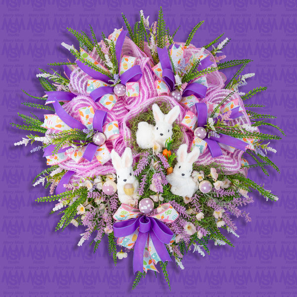 Easter wreath, bunny wreath, bunnies, Easter, floral, mushrooms, large, 28x30". W50310A