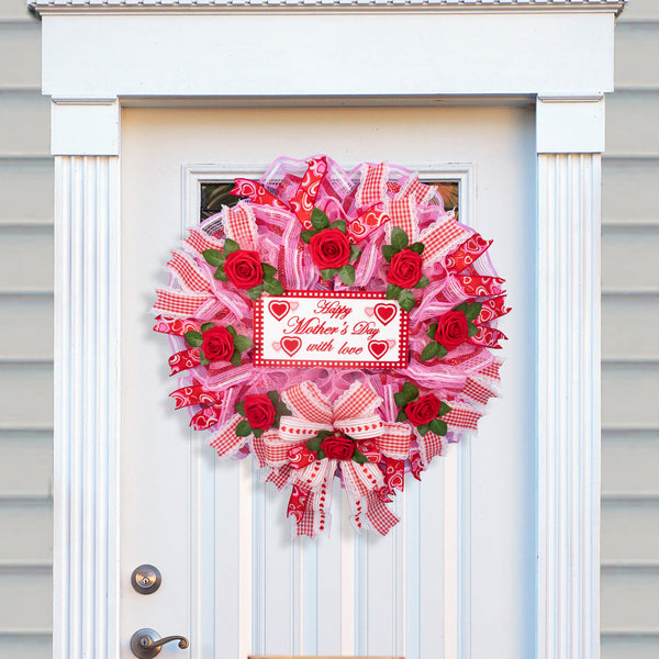 Mother's day wreath, heart wreath, front door wreath, floral wreath, door hanger, red roses, pink, red, 27". W20417A