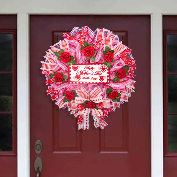 Mother's day wreath, heart wreath, front door wreath, floral wreath, door hanger, red roses, pink, red, 27". W20417A