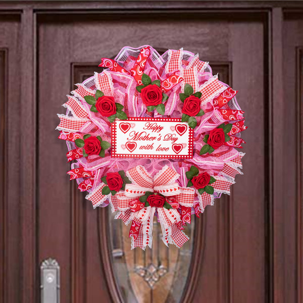Mother's day wreath, heart wreath, front door wreath, floral wreath, door hanger, red roses, pink, red, 27". W20417A