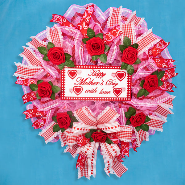 Mother's day wreath, heart wreath, front door wreath, floral wreath, door hanger, red roses, pink, red, 27". W20417A