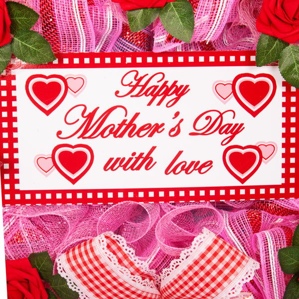 Mother's day wreath, heart wreath, front door wreath, floral wreath, door hanger, red roses, pink, red, 27". W20417A