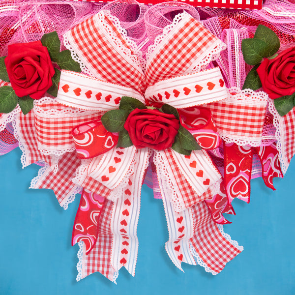 Mother's day wreath, heart wreath, front door wreath, floral wreath, door hanger, red roses, pink, red, 27". W20417A