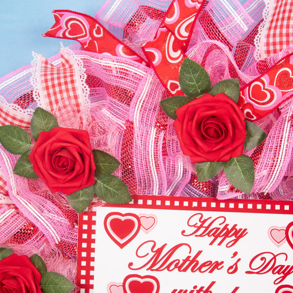 Mother's day wreath, heart wreath, front door wreath, floral wreath, door hanger, red roses, pink, red, 27". W20417A