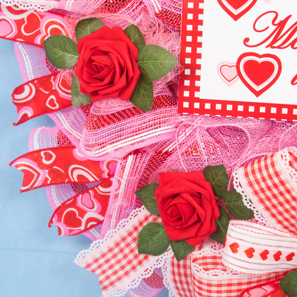 Mother's day wreath, heart wreath, front door wreath, floral wreath, door hanger, red roses, pink, red, 27". W20417A