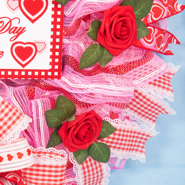 Mother's day wreath, heart wreath, front door wreath, floral wreath, door hanger, red roses, pink, red, 27". W20417A